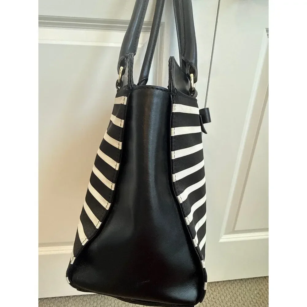 Kate Spade Black Leather with Black and White Striped Shoulder Tote Bag
